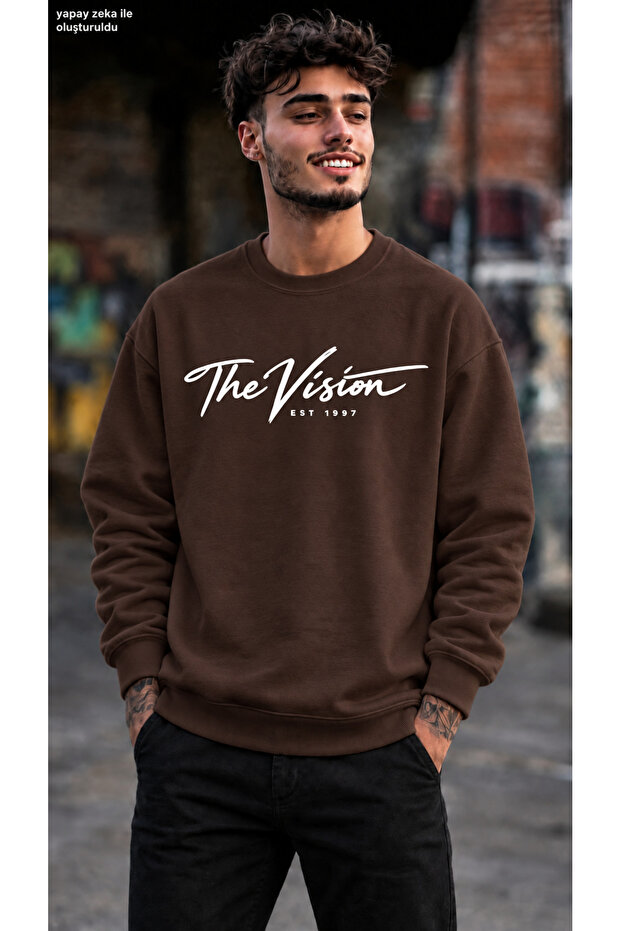 Men's the Vision Est 1997 Calligraphy Printed Crew Neck Casual Regular Fit Sweatshirt