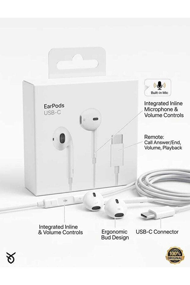 A3046 USB-C Wired Earbuds with Microphone & Volume Control – White EarPods Style Headphones