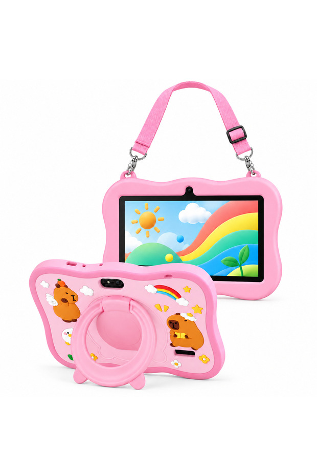 CM66 Kids Tablet, 7-Inch Display, Android 16, 8GB RAM, 256GB Storage, 5000mAh Battery, Wi‑Fi, 2MP Front & 5MP Rear Camera, Case with Rotating Stand and Carrying Belt – Blue