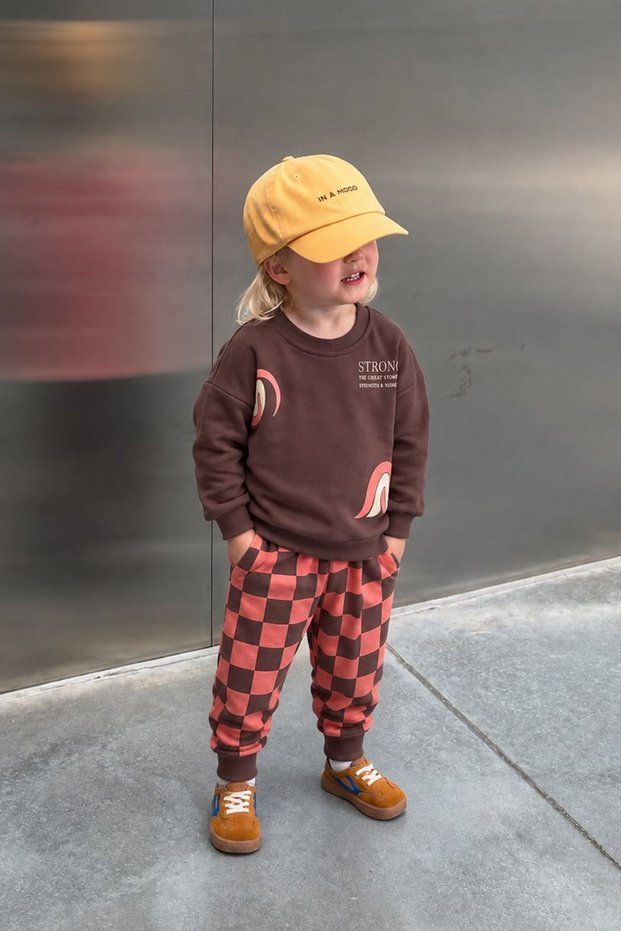 Strong Print Detailed Plaid Pants Boys' 2-Piece Tracksuit Set - Brown
