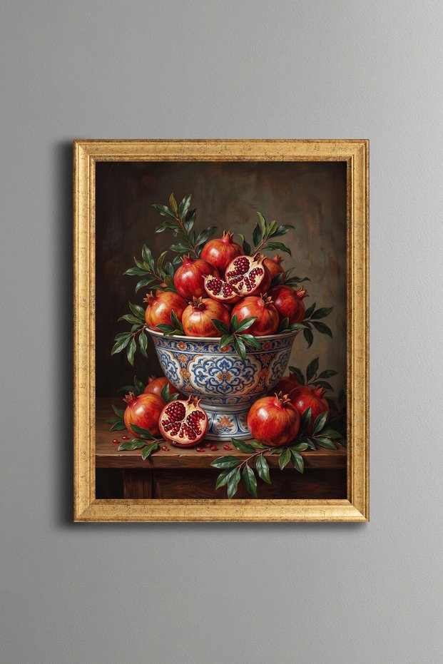 Pomegranates in Blue Chinoiserie Bowl - Vintage Patterned Painting - Fine Model