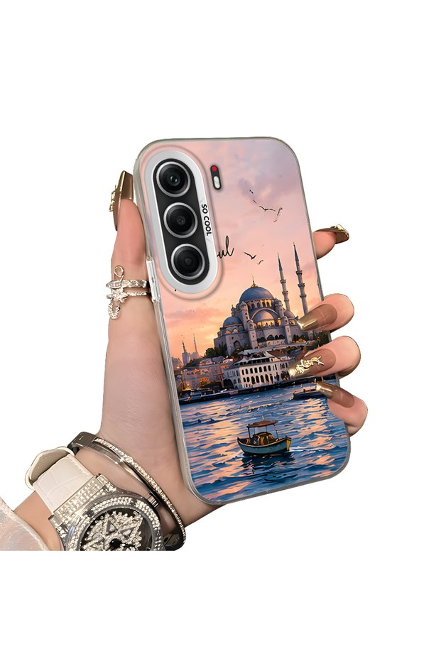 Tecno Camon 40 Compatible Silicone Edge Hard Back Case Istanbul Patterned Couple Phone Case