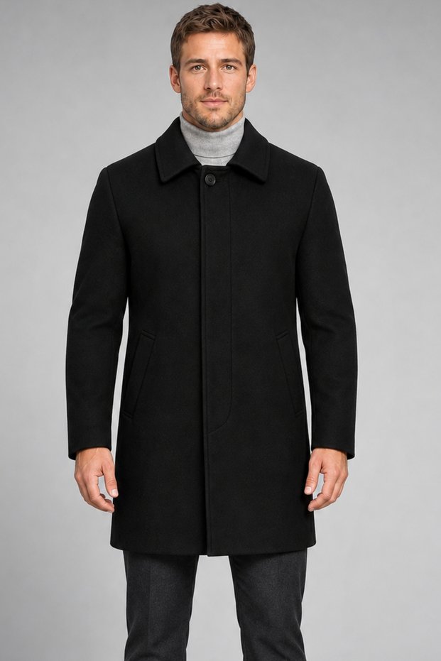 Men's Black Slim Fit Cashmere Coat Classic Collar Buttoned Short Cut Winter Coat - Coat