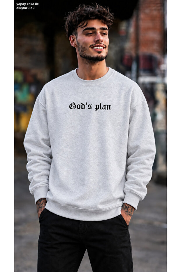 Men's God's Plan Written Gothic Typographic Printed Crew Neck Casual Regular Fit Sweatshirt