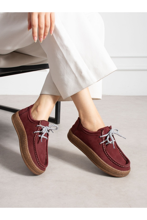 Aveli̇ne Burgundy Genuine Leather Lace-Up Women's Shoes