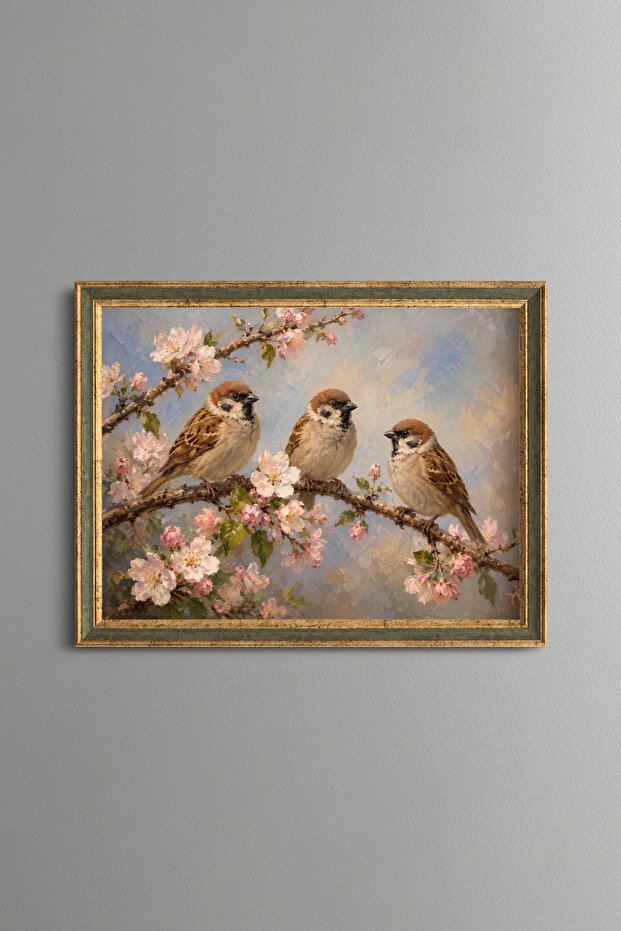 Three Sparrows on a Spring Branch - Vintage Patterned Painting - Fine Model