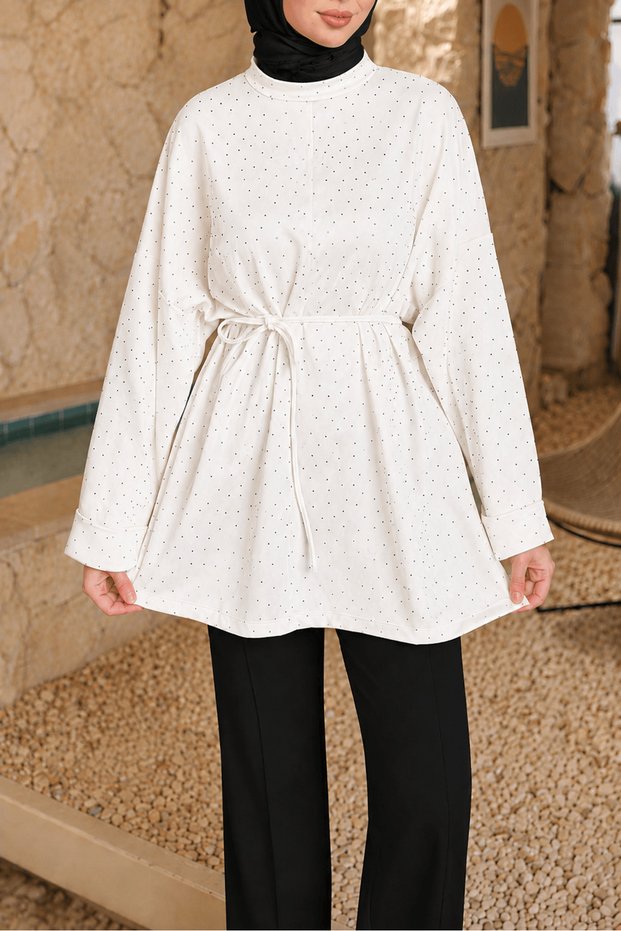 Stone Detailed Slit Oversized Tunic - White