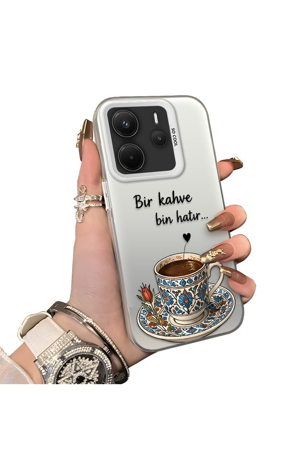 Redmi Note 14 Compatible Silicone Edge Hard Back Case Turkish Coffee Patterned Phone Case