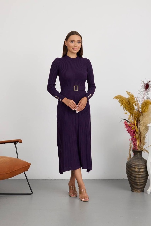 Belted Ribbed Stylish Knitwear Dress