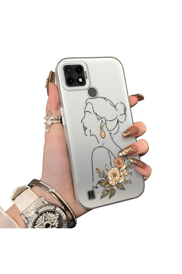 Realme C21 Compatible Silicone Edge Hard Back Case Line Art Patterned Phone Case