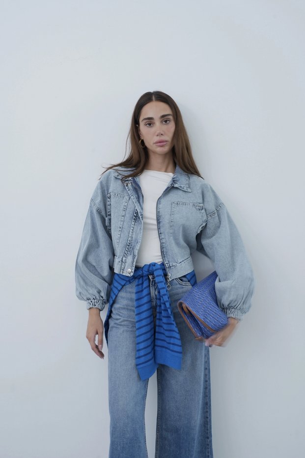 Balon Sleeve Zippered Denim Jacket Ice Blue