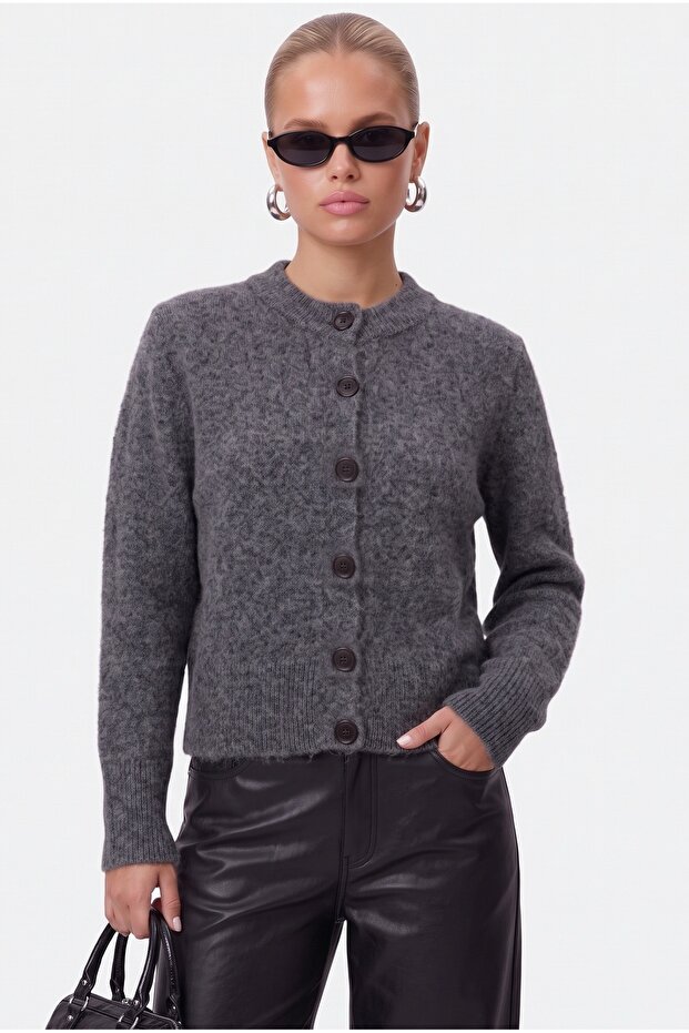 Women's Warm Soft Textured Basic Anthracite Knitwear Cardigan