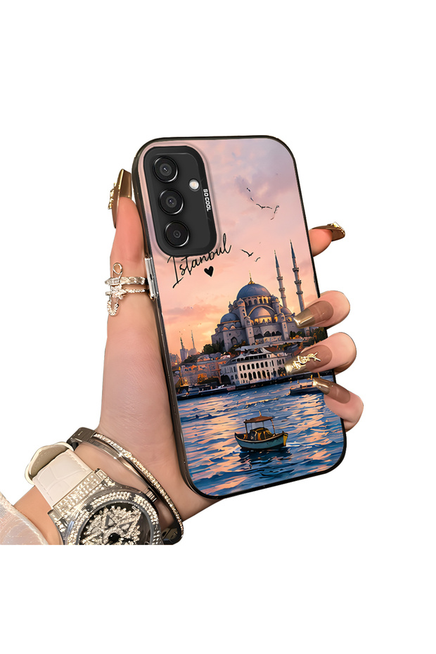 Samsung Galaxy M15 Compatible Silicone Edge Hard Back Case Istanbul Patterned Couple Phone Case