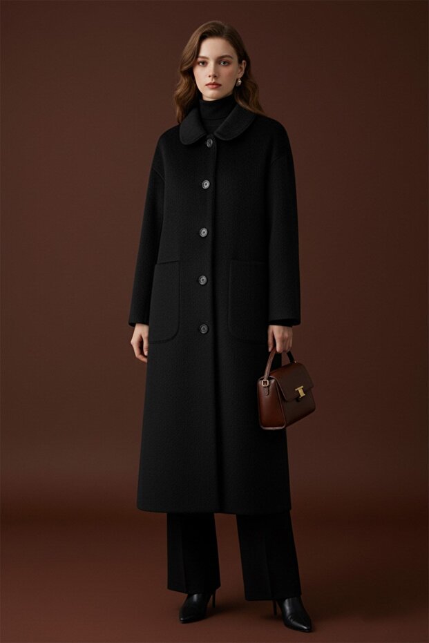 Women's Fox Coat with Button and Pocket Details - 15220Kbn Black
