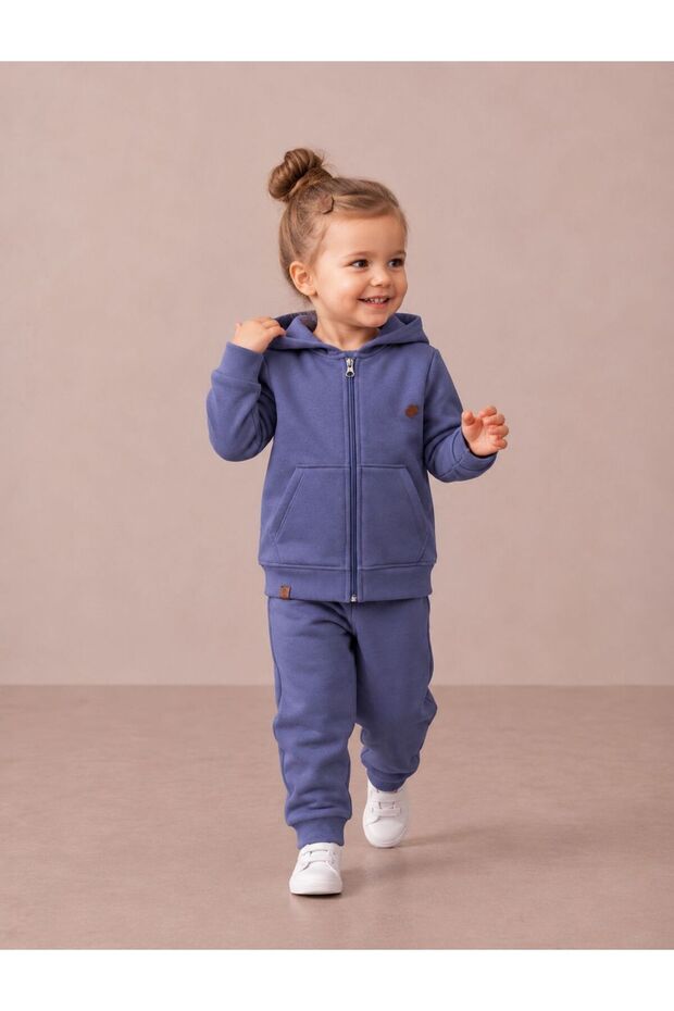 Hooded Kangaroo Pocket Zippered Leather Embroidered Girls' Cardigan/Elastic Waist Sweatpants 3 Threaded Ribbon Set