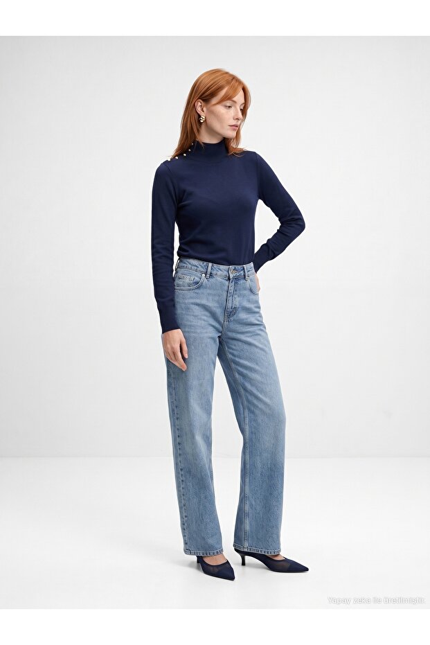 10877 Basic Stand Collar Buttoned Sweater-Navy Blue