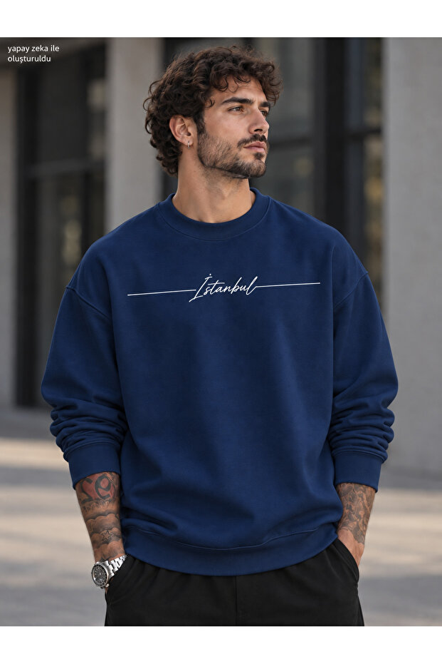 Men's Istanbul Handwritten Striped Typographic Printed Crew Neck Casual Regular Fit Sweatshirt