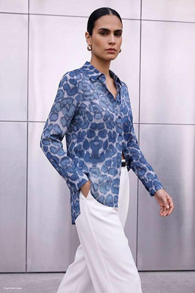 Leopard Patterned Classic Shirt - Navy Blue