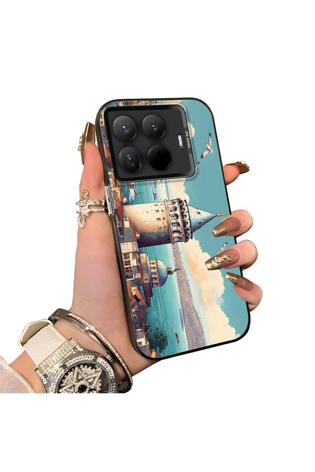 15t Pro Compatible Silicone Edge Hard Back Case Galata Tower Patterned Phone Case