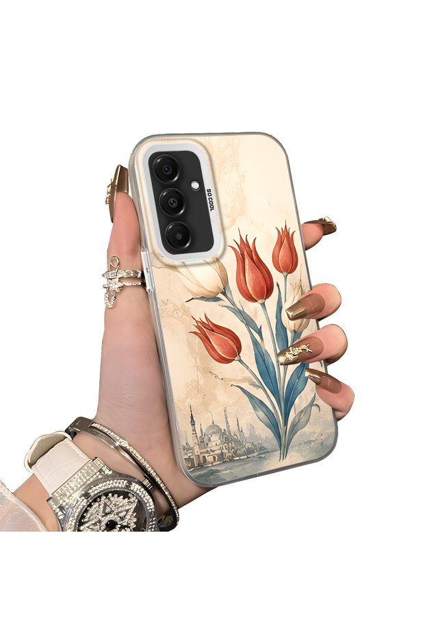 Samsung Galaxy A16 Compatible Silicone Edge Hard Back Case Tulip Patterned Couple Phone Case