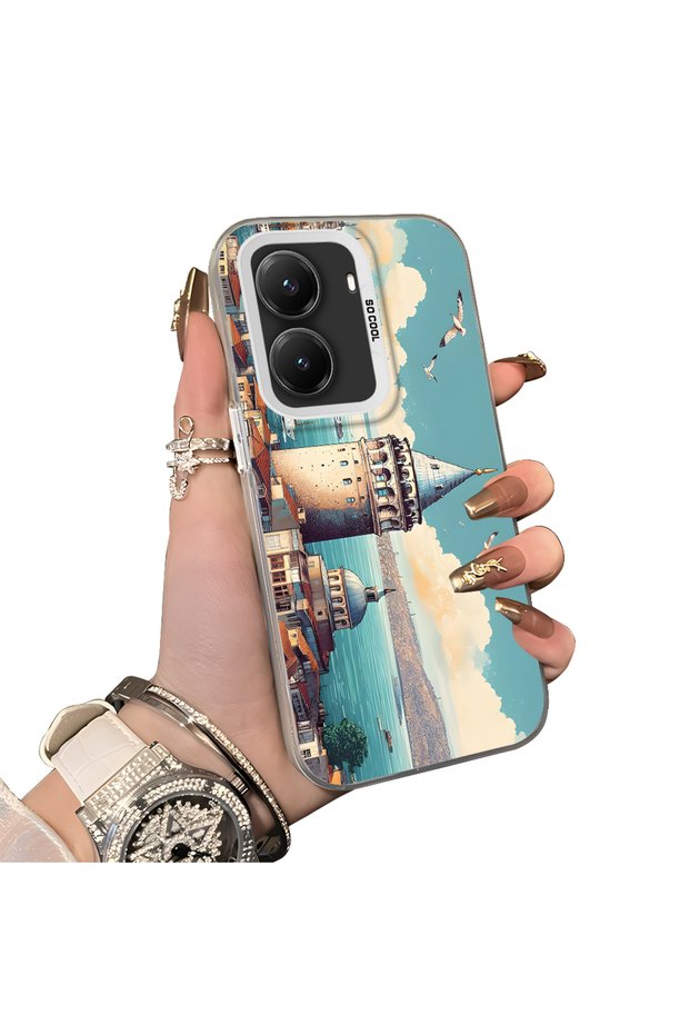 Poco X7 Pro Compatible Silicone Edge Hard Back Case Galata Tower Patterned Phone Case