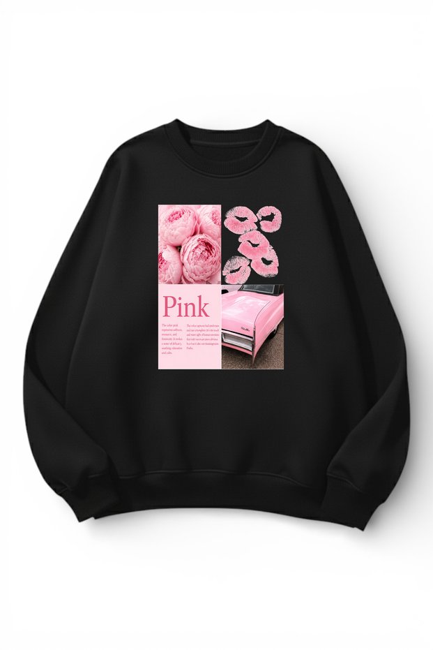 Unisex Soft Textured Pink Car Poster Printed Design Oversize 3 Thread Crew Neck Sweatshirt