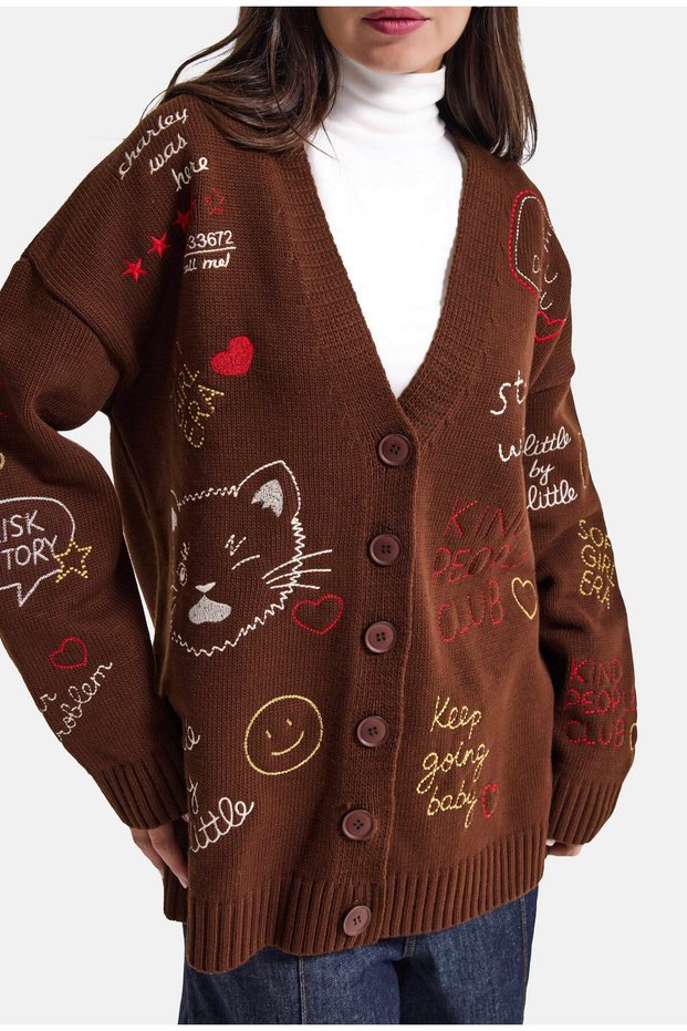 Women's Brown W6-81 Oversize Embroidery Special Pattern Design Buttoned Cardigan