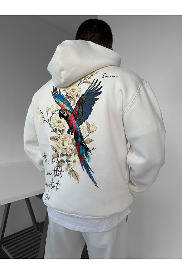 White Hooded Oversize Premium Parrot Embroidered Sweatshirt