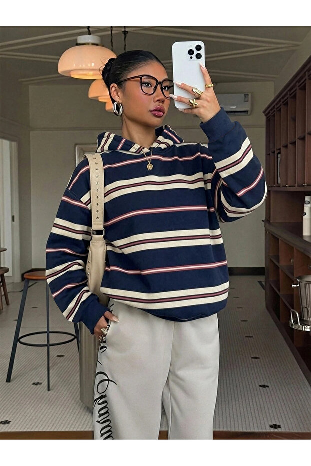 Urban Edge 3 Thread Digital Printed Striped Hoodie Sweatshirt