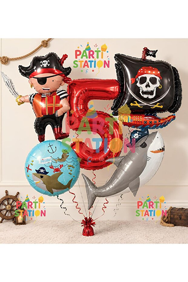 Pirate Concept 5-Year-Old Balloon Set - 5 Pieces Giant Size Pirate Ship Balloon, Pirate Shark Foil Balloon Birthday Set