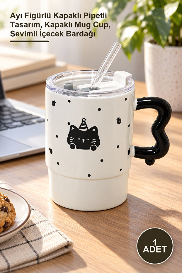 1 Piece Porcelain Mug – Bear Figured Design with Lid and Straw, Mug Cup with Lid, Cute Drink Cup