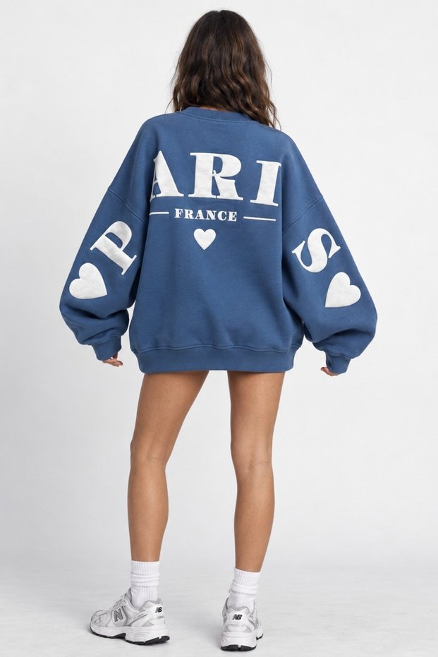 Women's Oversize Sweatshirt Paris 3D Printed Marine – Crew Neck, Printed on Sleeves and Back, 3 Yarns