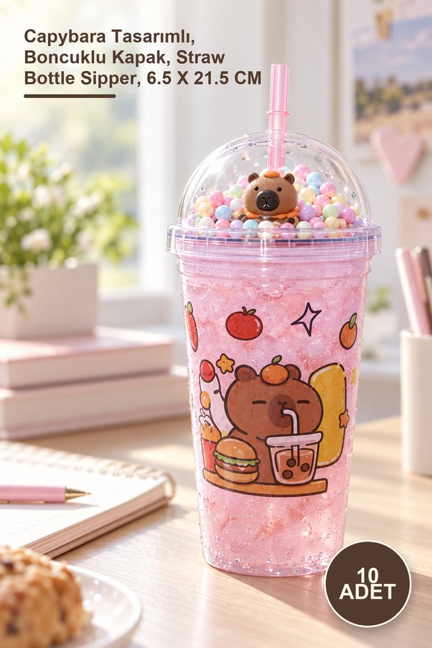 10 Pieces of Cute Capybara Thermos Water Bottles with Straws – Capybara Design, Beaded Lid, Straw Bottle Sipper, 6.5 X 21.5 cm