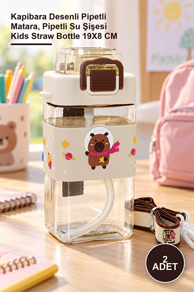 2 Pieces of Children's Water Bottles – Capybara Patterned Water Bottle with Straw, Water Bottle with Straw Kids Straw Bottle 19X8 cm