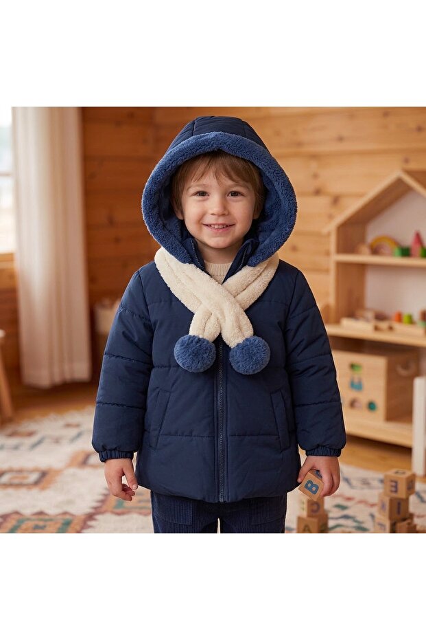 Boy's Winter Coat with Fur Lining and Scarf Detail