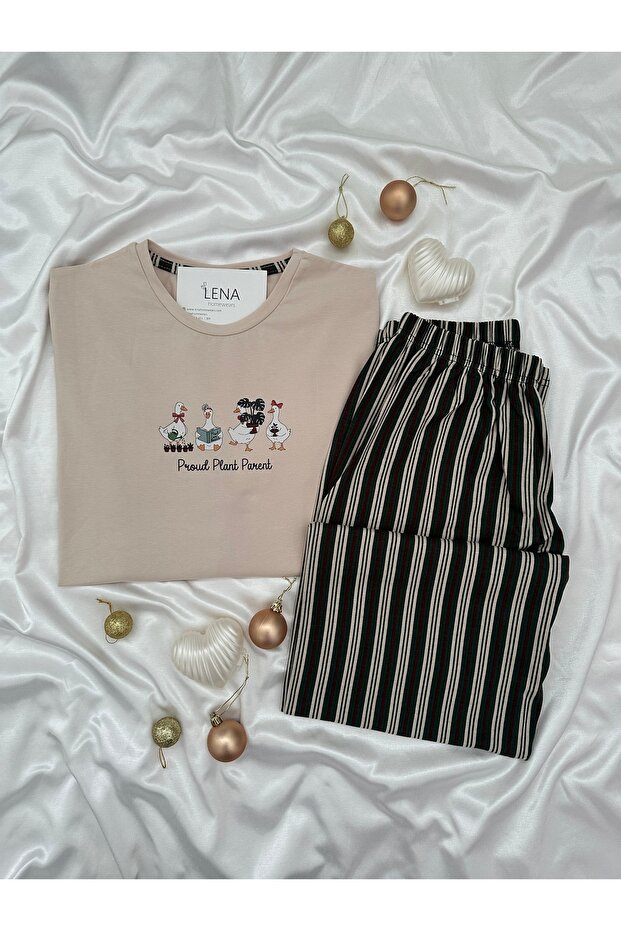 Beige Duck Patterned Striped 100% Cotton Pajama Set