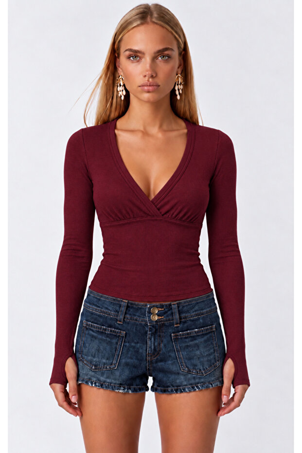 Women's 95% Cotton Front Gathered Finger Detail V-Neck Slim Ribbed Camisole Blouse