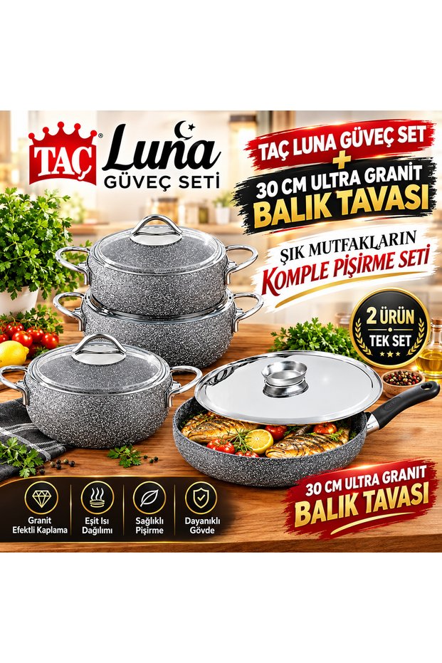 Taç Luna 3-Piece Casserole Set and 30 cm Ultra Granite Fish Pan Set