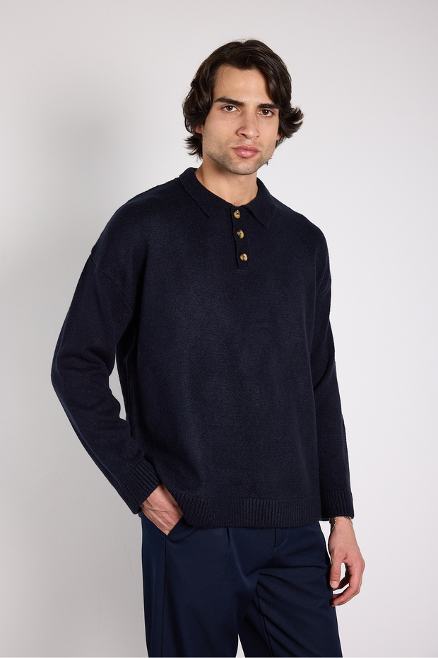 Oversize Polo Collar Buttoned Knit Sweater