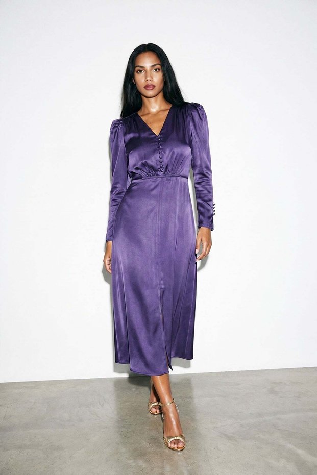 Purple Button Detailed V-Neck Midi Dress