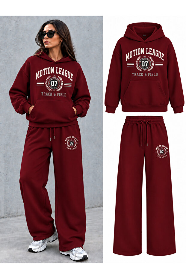 Oversize Motion League Printed Hooded 100% Cotton Wide Leg Tracksuit Set