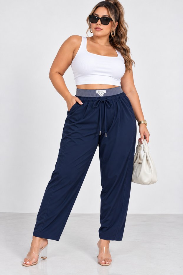 Plus Size Elastic High Waist Lace-Up Women's Trousers with Pockets