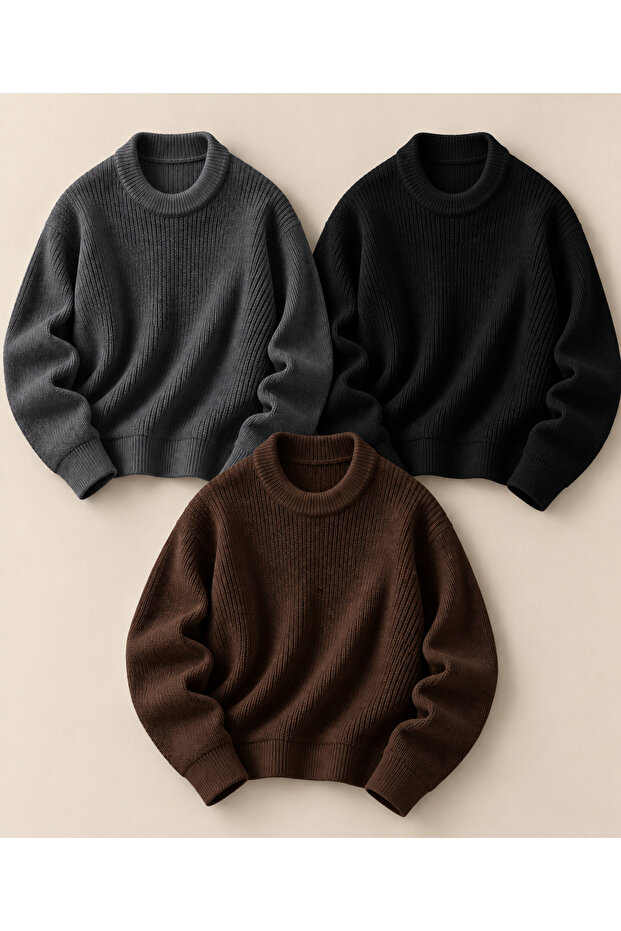 Women's 3-Piece Crew Neck Oversize Knitwear Sweater Soft Knitted Sweater