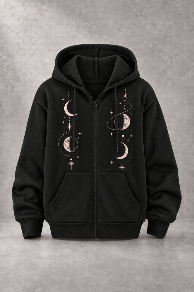 Unisex Moon Printed Three-Yarn Combed Cotton Fabric Hooded Zippered Black Cardigan