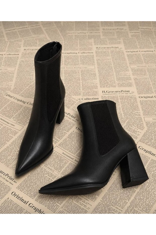 Women's Boots with Rubber Side Detail and Thick Heel, Black