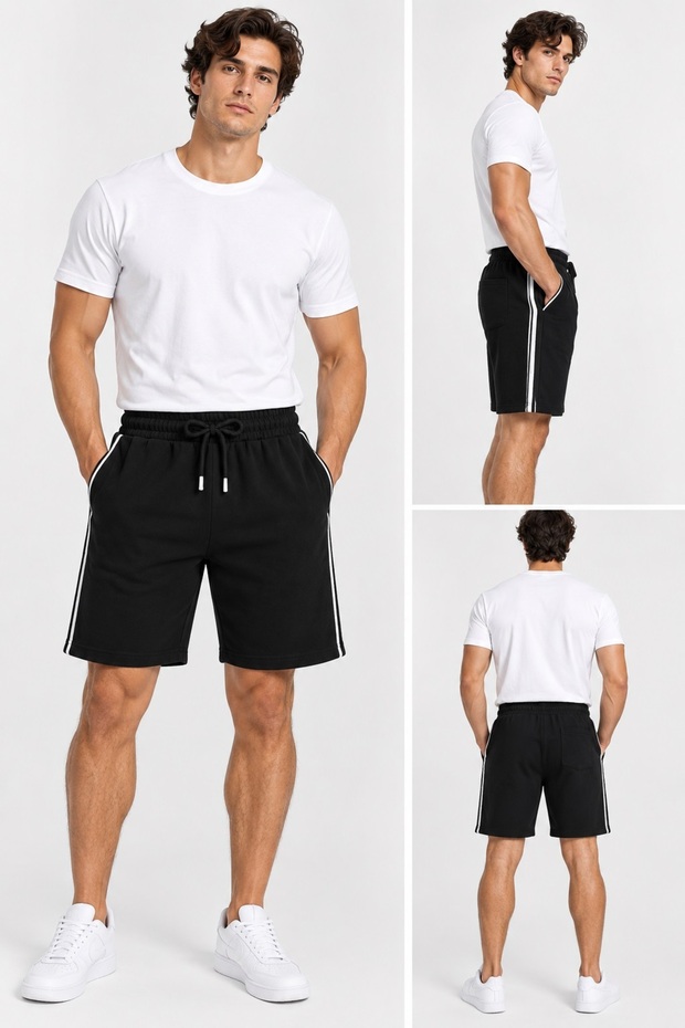 Men's Black Smoked Gray Navy Blue Color Shorts with Side Piping, Front Pockets, Zipper and Back Pockets