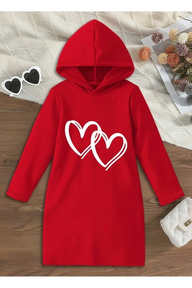 Hooded Crown Heart Printed 100% Cotton Winter Girls' Sports Hoodie Dress