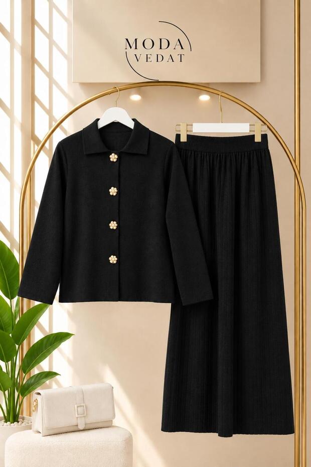 Women's Knitwear Skirt with Pleated Detail Set -0475 (Suitable for Sizes 36-38-40)