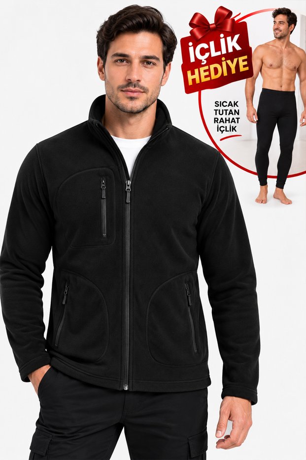 Men's Fleece Coat with Zipper Pockets, Comfortable Fit, Daily Winter Fleece Top + Gift Underwear