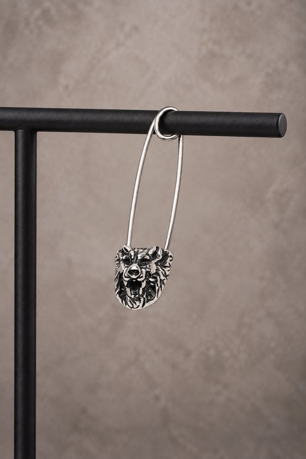 Rose Lion Safety Pin Steel Earrings